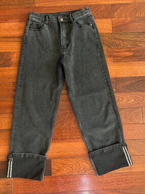 Miou Muse Jeans Womens L Washed Black Wide Leg Cuffed High Rise Stretch Denim